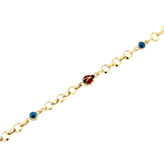 Златна детска гривна с калинка и сини очета-235630