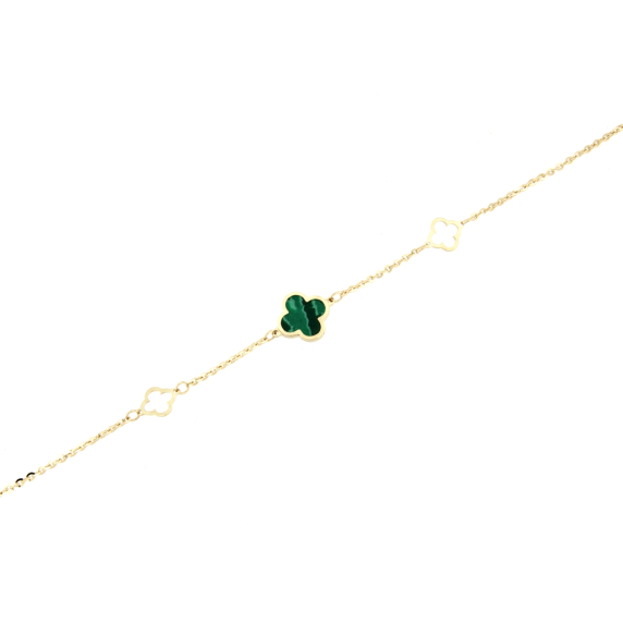 Златна гривна 14к - детелинки с малахит-252255