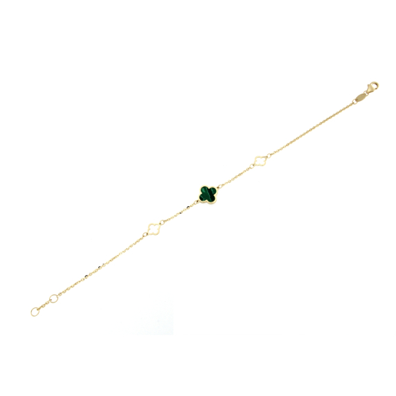 Златна гривна 14к - детелинки с малахит-252255