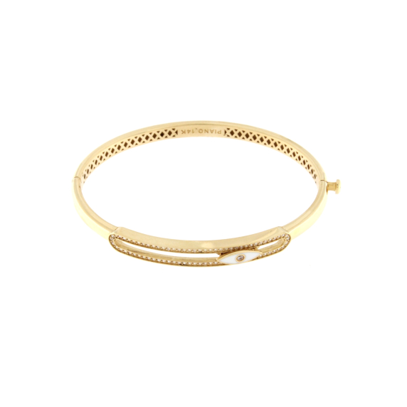 Златна твърда гривна с бял емайл-243893