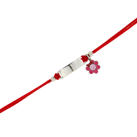 Детска гривна с червен конец плочка и цветенце-232529
