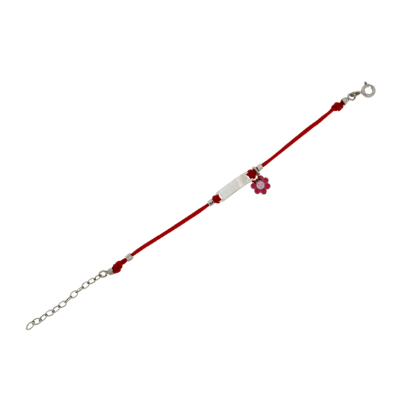 Детска гривна с червен конец плочка и цветенце-232529